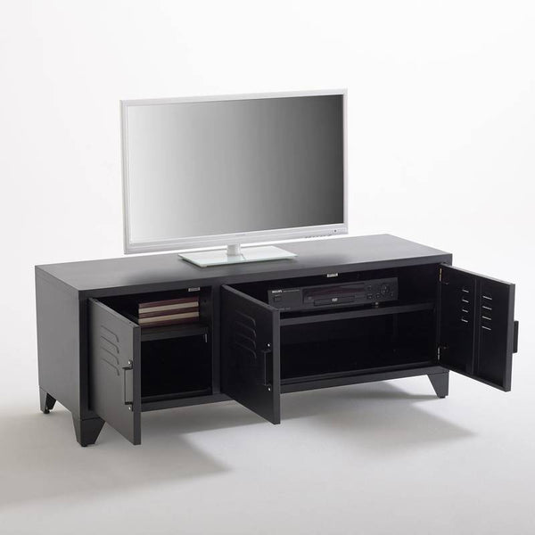 Meuble tv style indus Vanéra, 3 portes, noir mat,