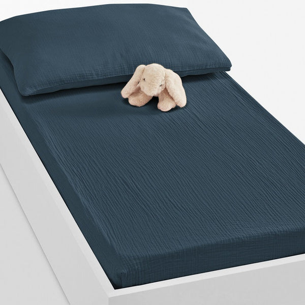 Drap-housse bébé, Bocq, gaze de coton, bleu de prusse