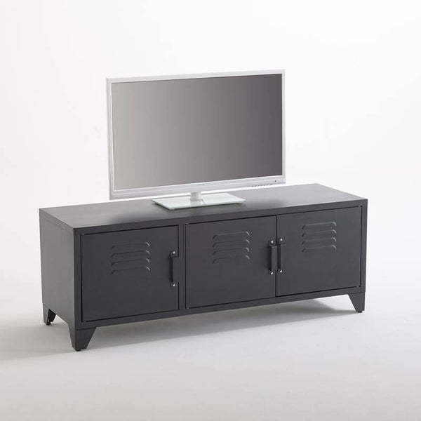 Meuble tv style indus Vanéra, 3 portes, noir mat,