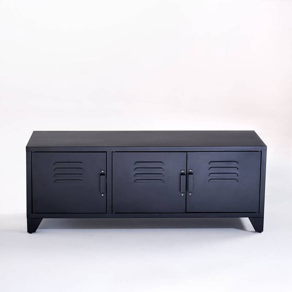 Meuble tv style indus Vanéra, 3 portes, noir mat,
