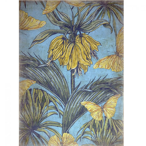 Toile Murale FLORA en papier Froissé vintage Bleu et jaune