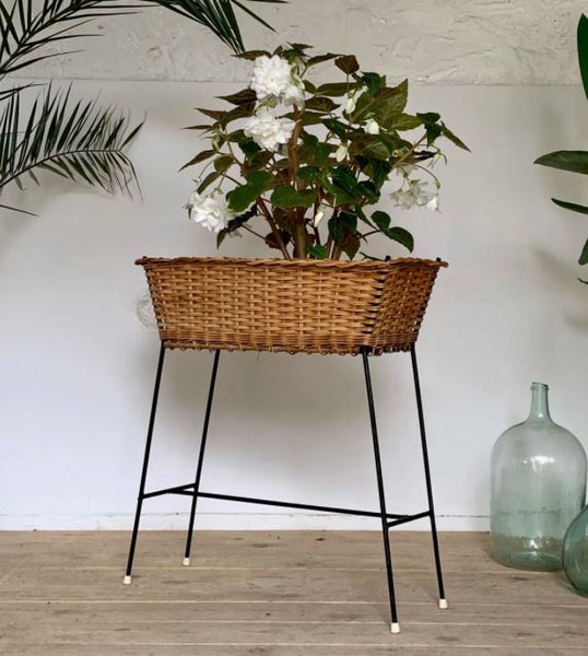 Jardinière porte plantes Argenbach en métal et rotin