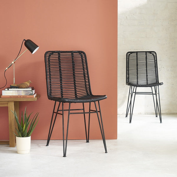 Lot de 2 chaises en rotin noires et pieds métal CÉLINDA, noir
