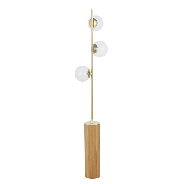 Lampadaire Kyll, en métal doré, chêne et 3 globes en verre
