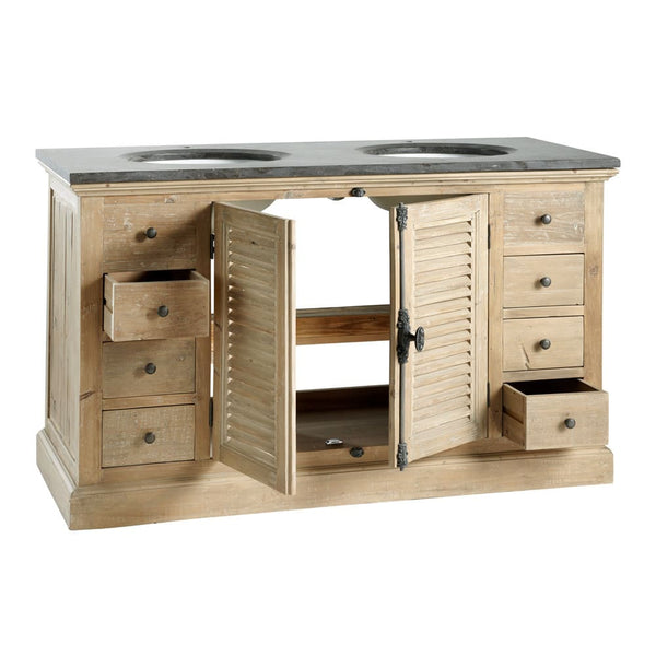 Meuble double vasque Linta en pin recyclé et pierre