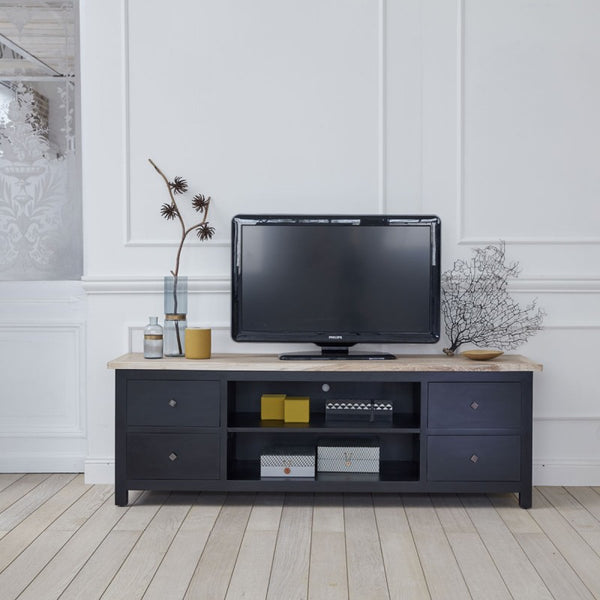 Meuble TV en bois d'acajou noir et teck naturel 180 BONNAL, noir
