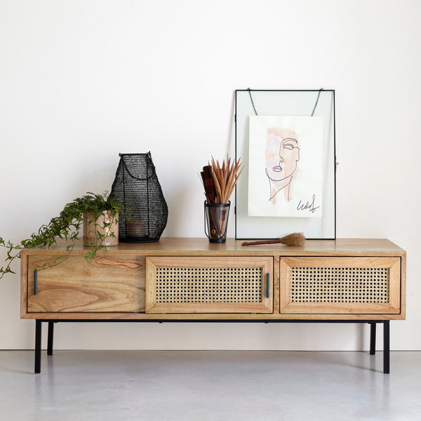 Meuble TV en bois de mindy et cannage 140 JOTTY, naturel