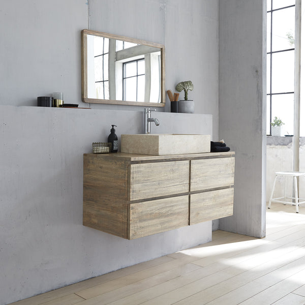 Meuble de salle de bain suspendu en bois d'hévéa BAIRON, gris