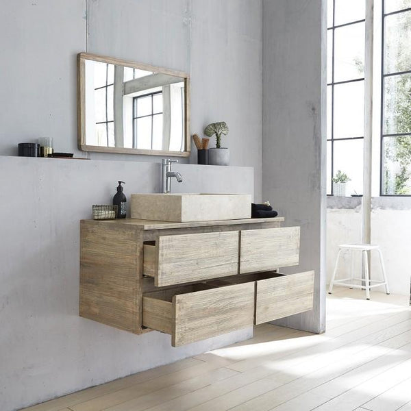 Meuble de salle de bain suspendu en bois d'hévéa BAIRON, gris