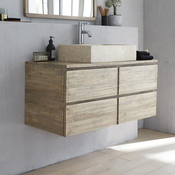 Meuble de salle de bain suspendu en bois d'hévéa BAIRON, gris