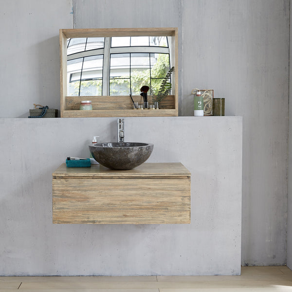 Meuble de salle de bain suspendu en bois d'hévéa 1 tiroir BAIRON, gris