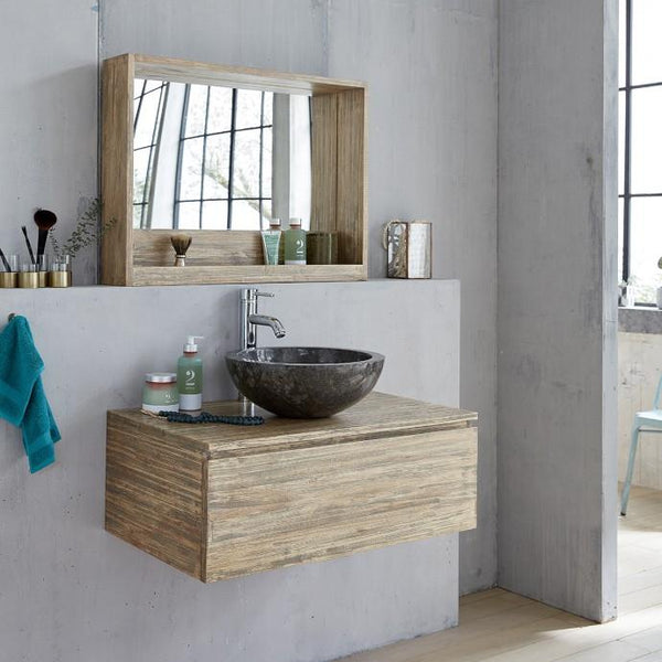 Meuble de salle de bain suspendu en bois d'hévéa 1 tiroir BAIRON, gris