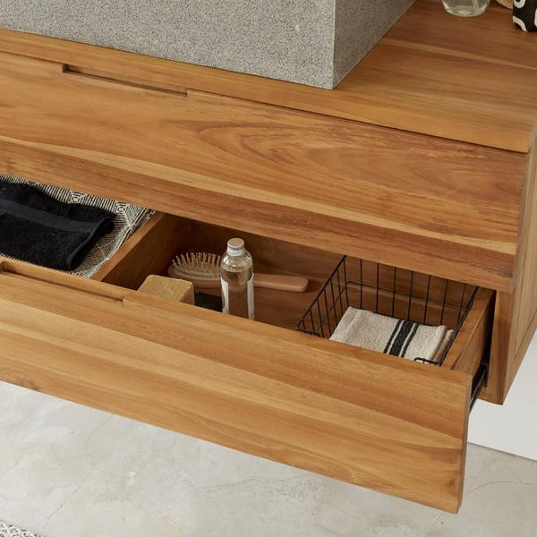Meuble de salle de bain suspendu en bois de teck naturel