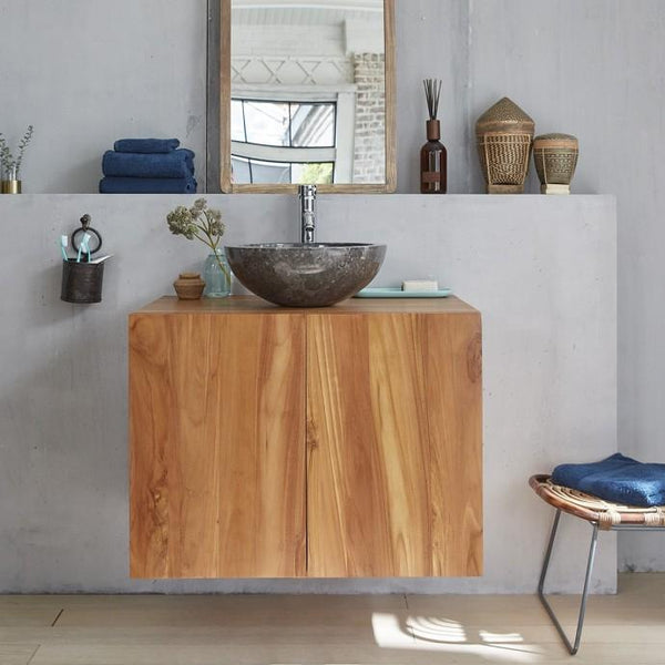 Meuble de salle de bain suspendu en bois de teck naturel