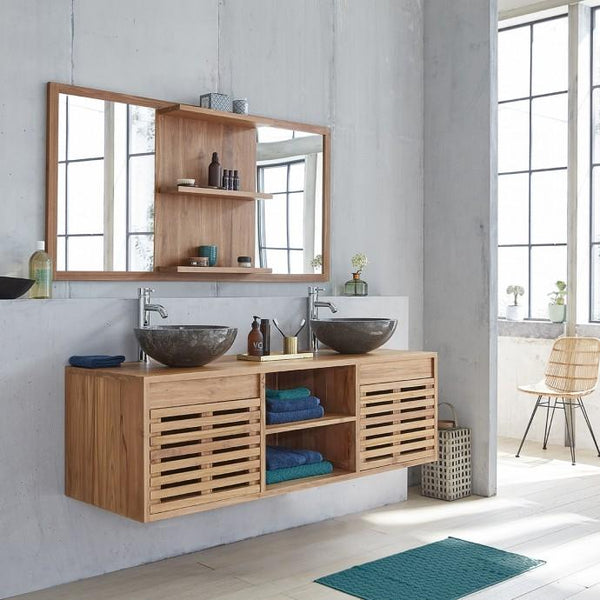 Meuble de salle de bain suspendu en bois de teck MADINE, marron