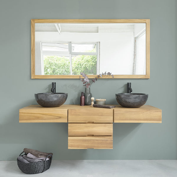 Meuble de salle de bain suspendu en bois de teck RILLÉ,naturel