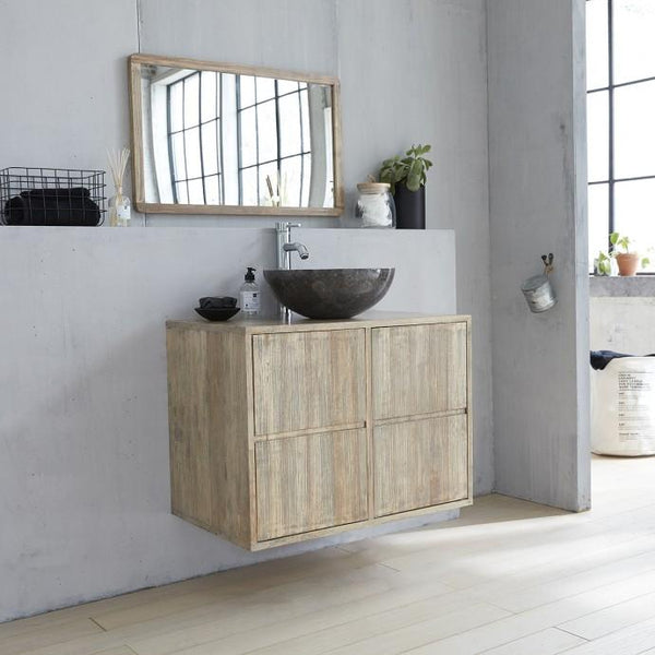 Meuble de salle de bain suspendu en bois d'hévéa gris