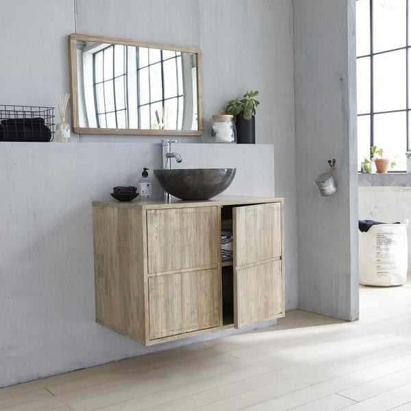 Meuble de salle de bain suspendu en bois d'hévéa gris