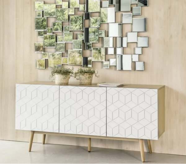 Buffet 3 portes Acre, blanc motifs graphiques