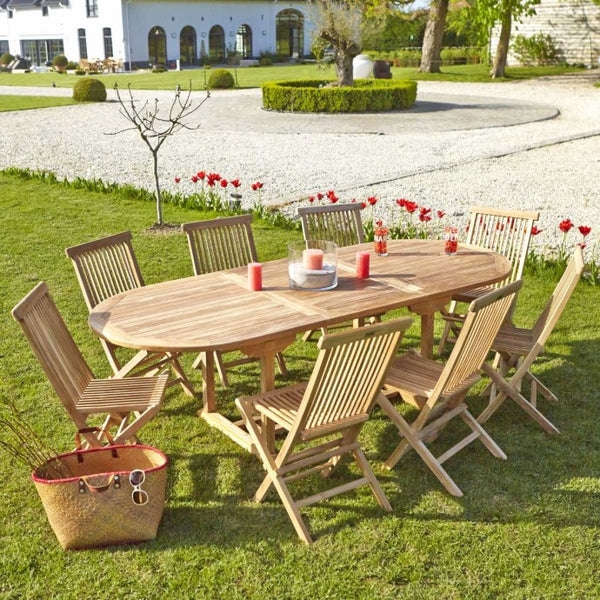 Salon de jardin extensible ovale en teck 8/10 places SAVIGNY, marron