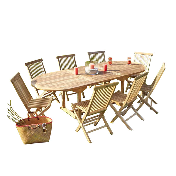 Salon de jardin extensible ovale en teck 8/10 places SAVIGNY, marron
