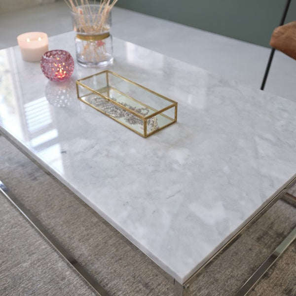 Table basse rectangulaire en marbre blanc et métal 120