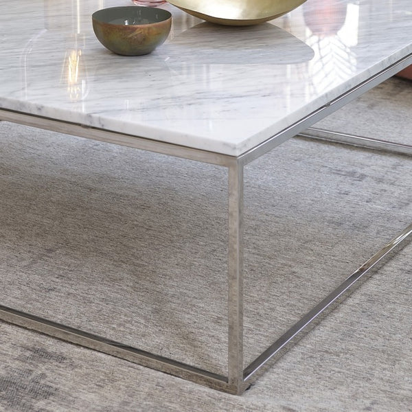 Table basse carrée en marbre blanc et métal 100