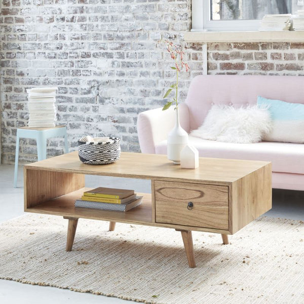Table basse en bois de mindy avec tiroir 120 ISABY, naturel