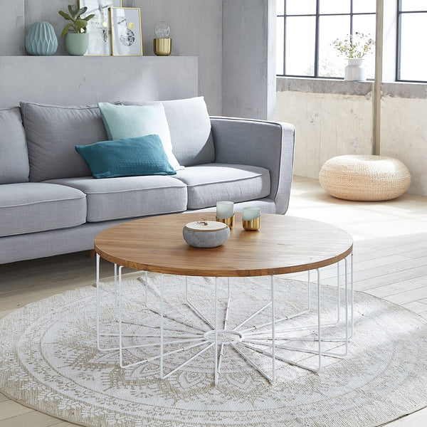 Table basse ronde en bois de teck 100 naturelle ROY, blanc