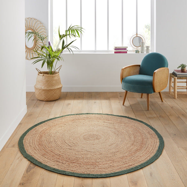 Tapis rond en jute, LOUGE, bordure Eucalyptus